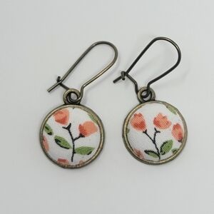 New Handmade | Vintage Floral Upcycled Fabric Button Earwire Dangle Earrings